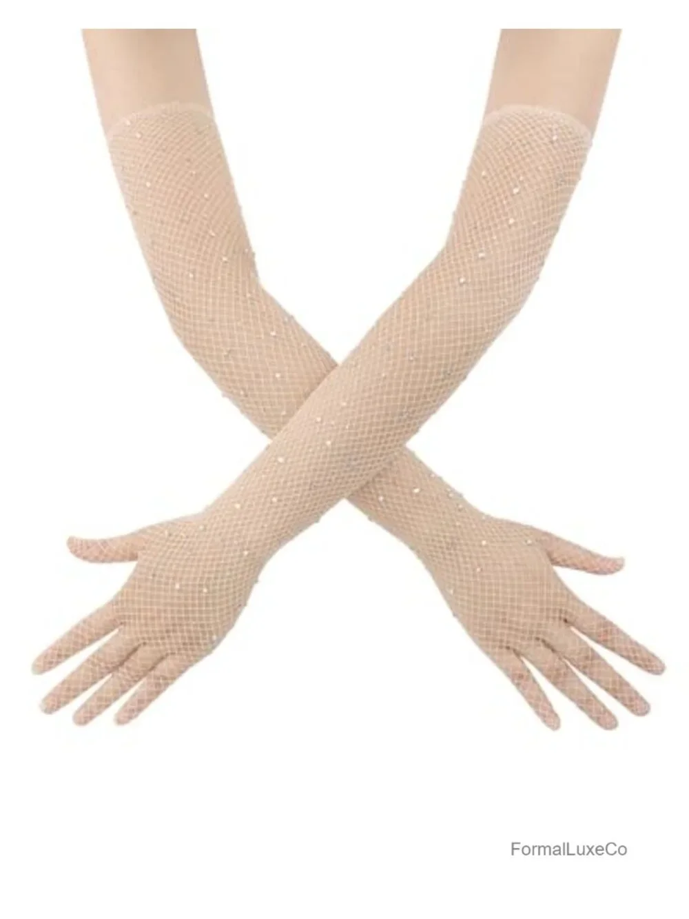 Long Fishnet Rhinestone Gloves, Sparkly Elbow Length Mesh Opera Gloves
